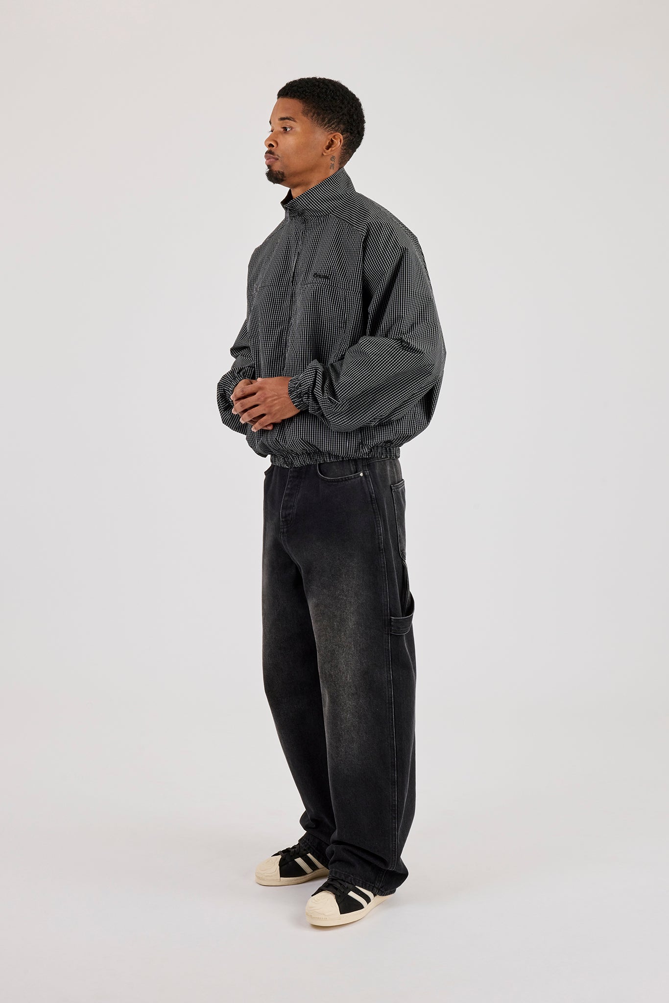 Check Funnel Neck Windbreaker - Black